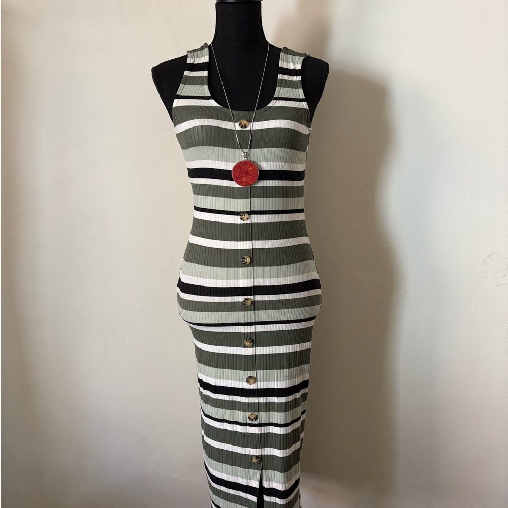 Striped Sleeveless Maxi Dress - Black, White, Green (Light&Army)